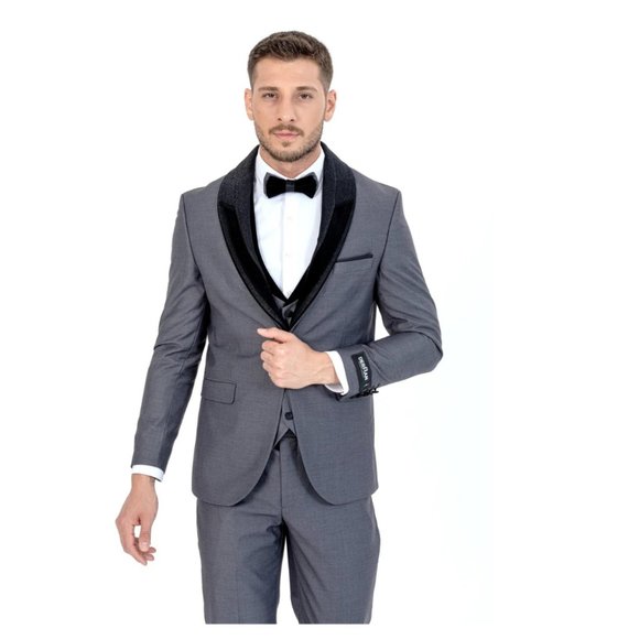 Derman Grey Silvery Detailed Collar Tuxedo 3 Piece Set